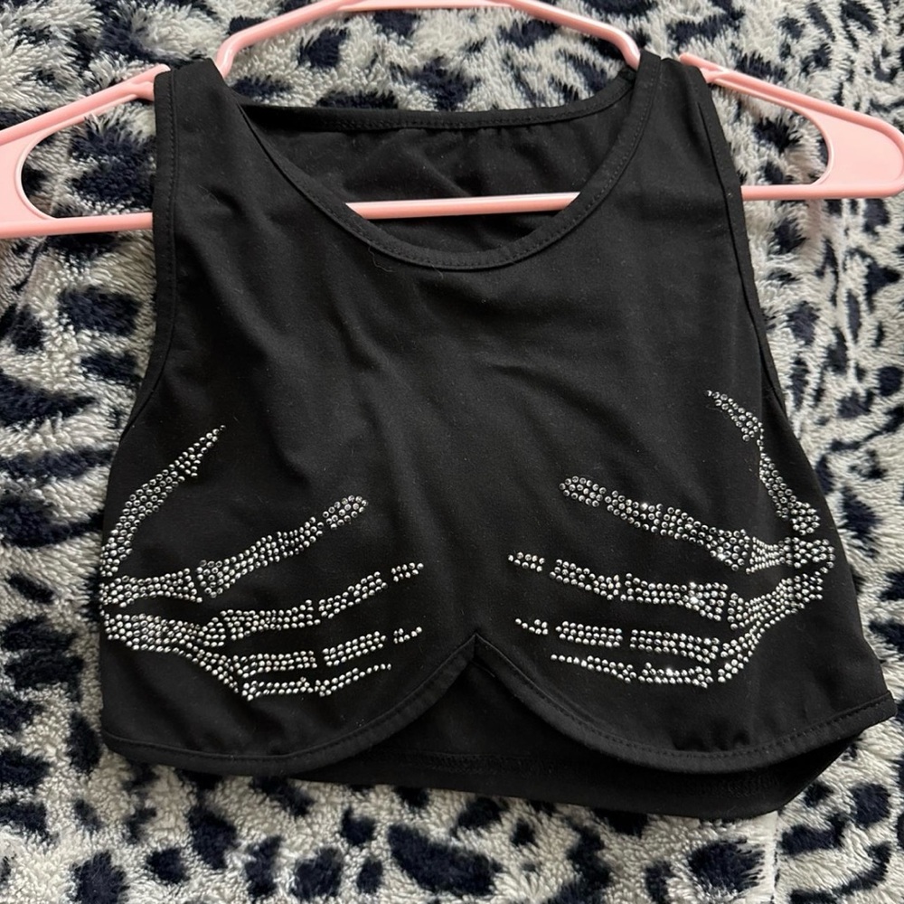 Black Crop Top with Skeleton Hand Design